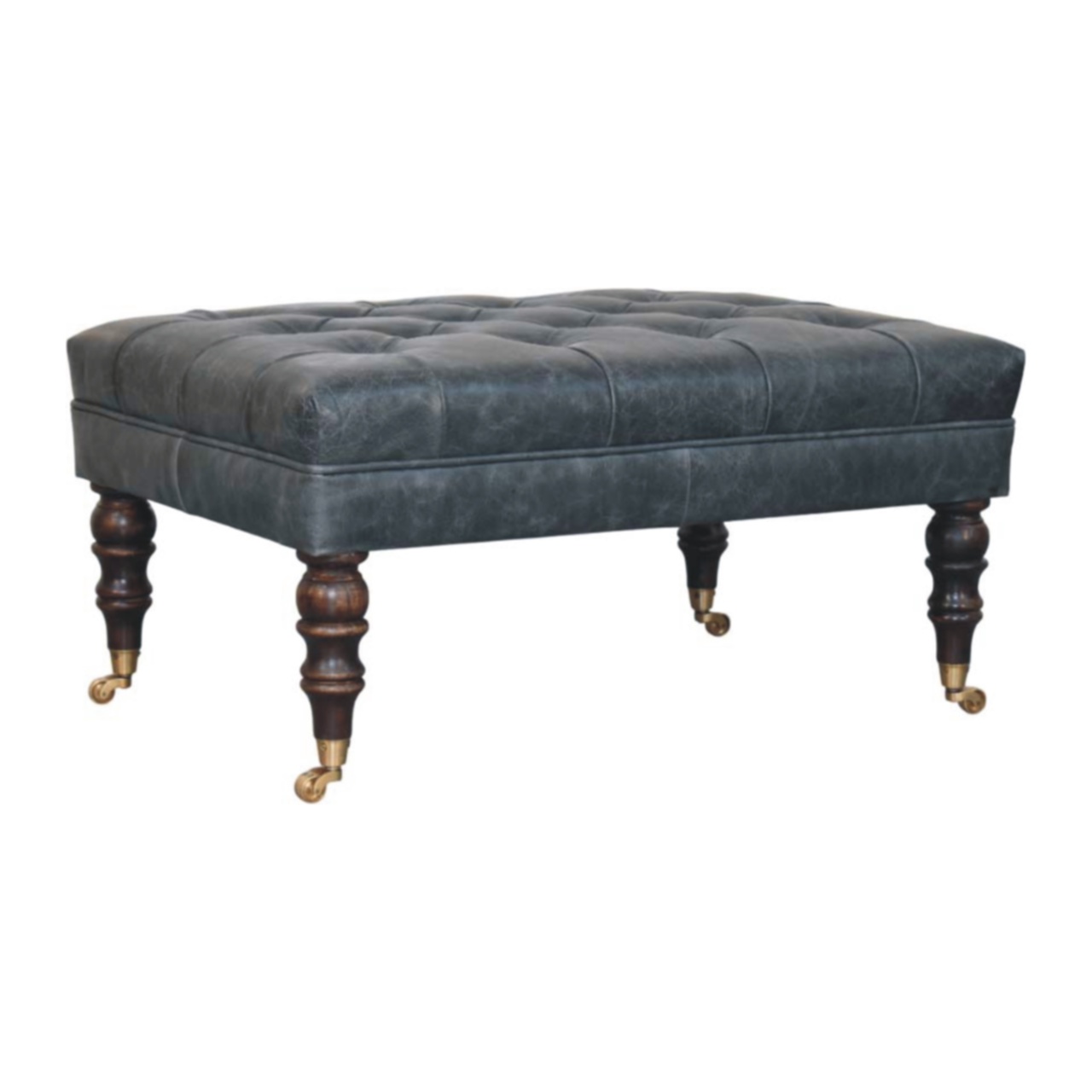 Solid Mango Wood Buffalo Teal Leather Ottoman with Castor Legs - Image 2