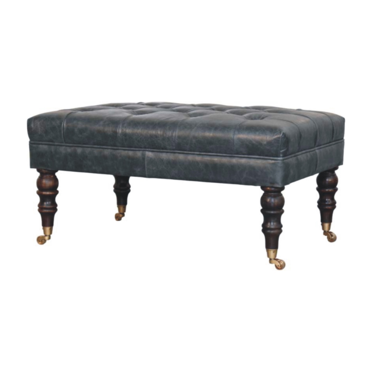 Solid Mango Wood Buffalo Teal Leather Ottoman with Castor Legs - Image 3