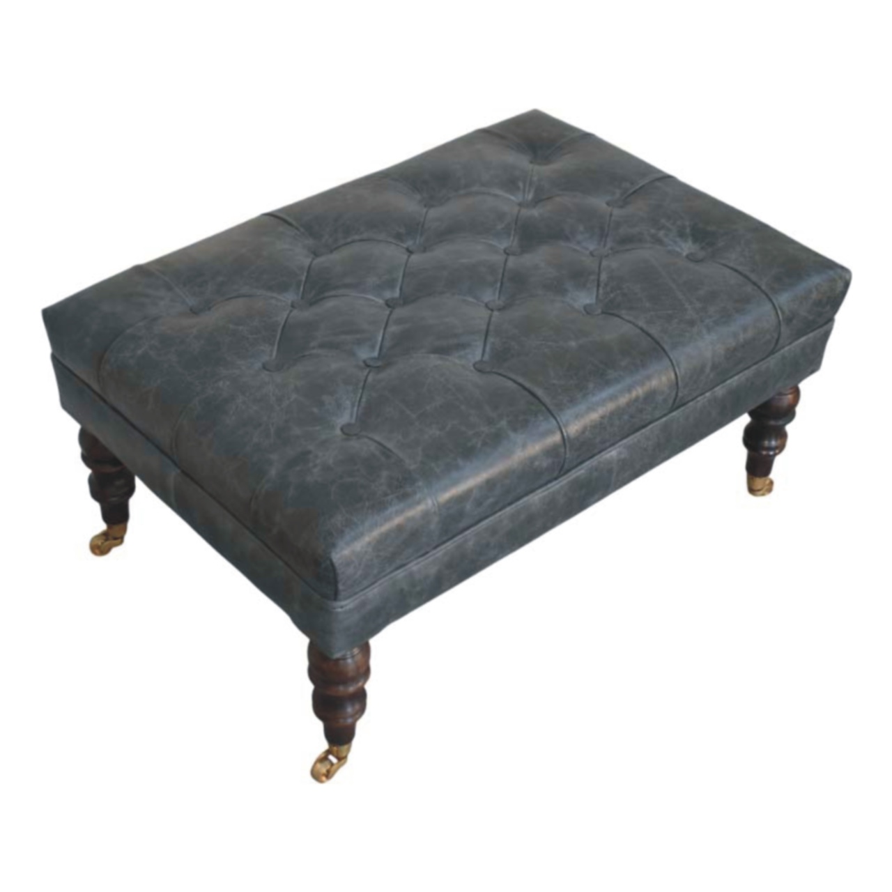 Solid Mango Wood Buffalo Teal Leather Ottoman with Castor Legs - Image 5