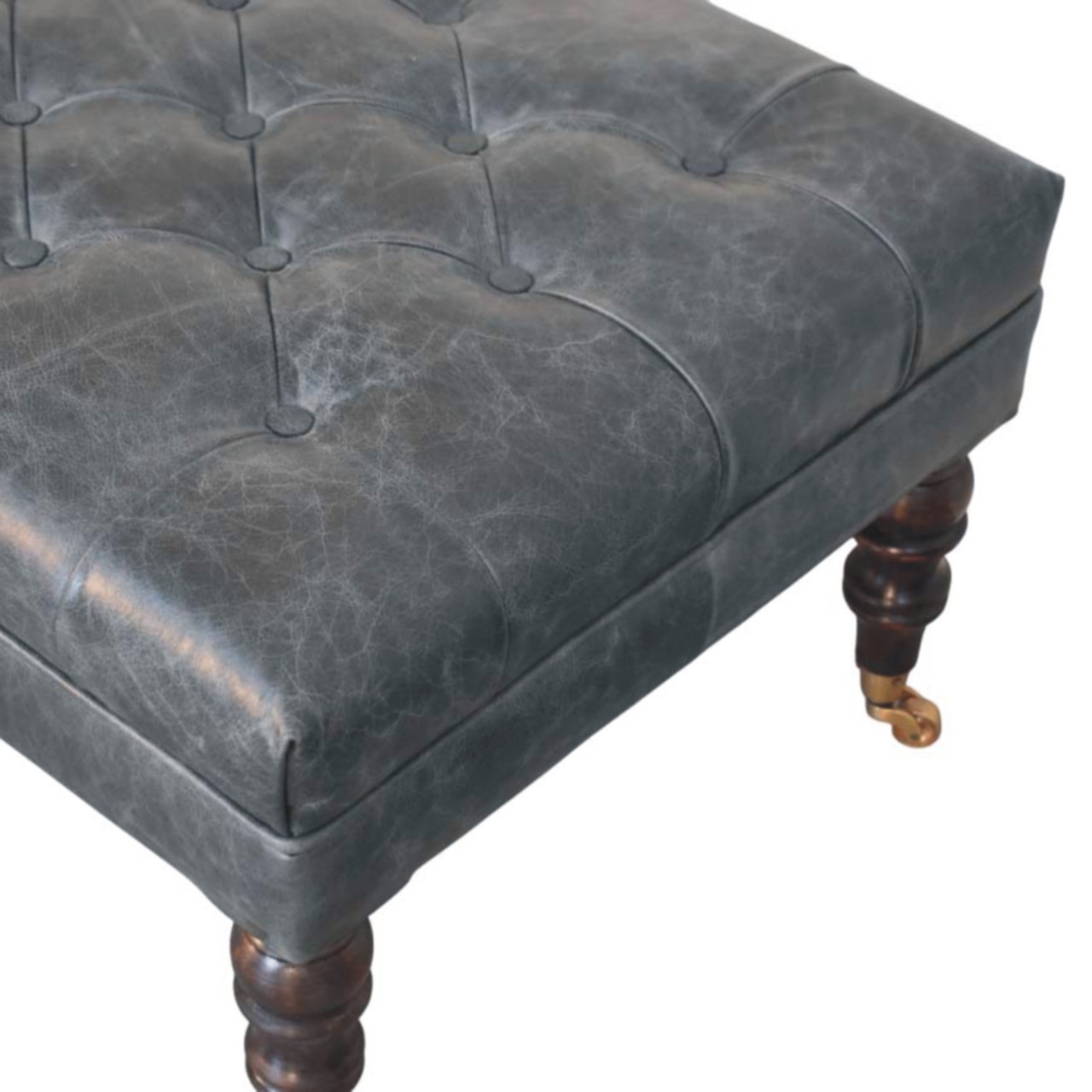 Solid Mango Wood Buffalo Teal Leather Ottoman with Castor Legs - Image 6