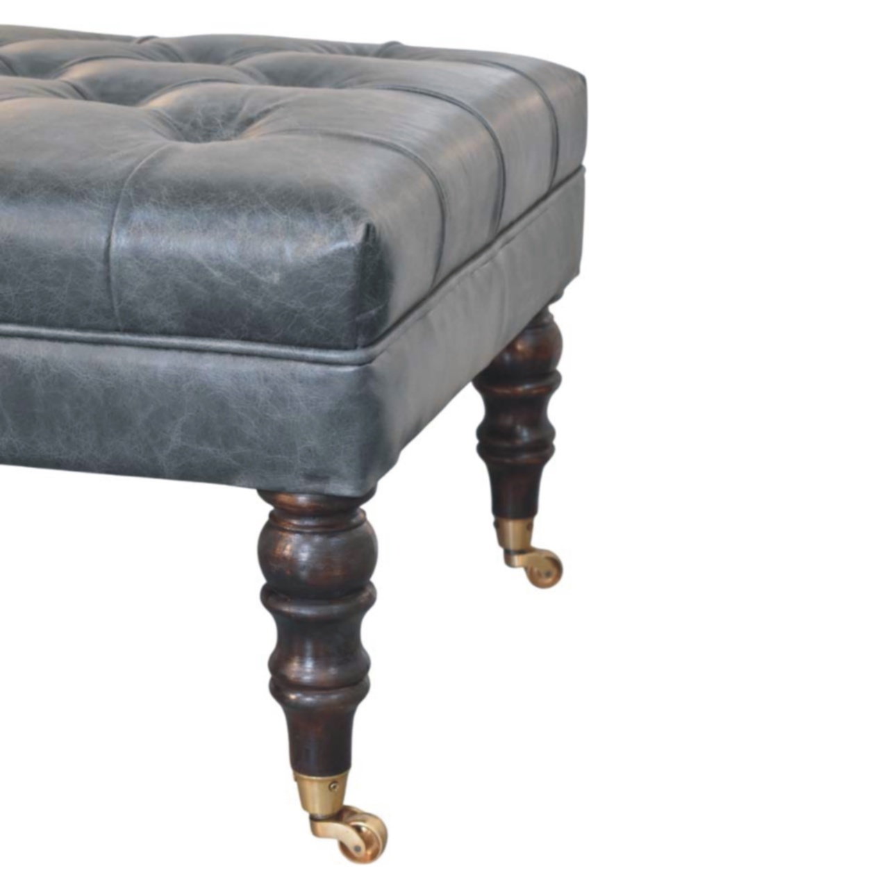 Solid Mango Wood Buffalo Teal Leather Ottoman with Castor Legs - Image 7