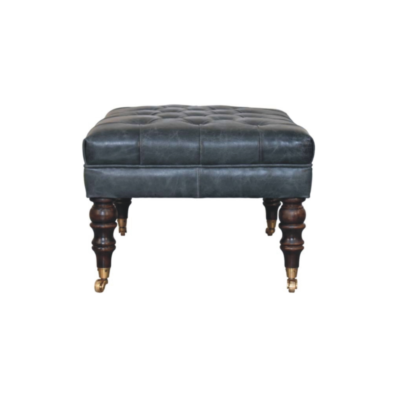 Solid Mango Wood Buffalo Teal Leather Ottoman with Castor Legs - Image 8