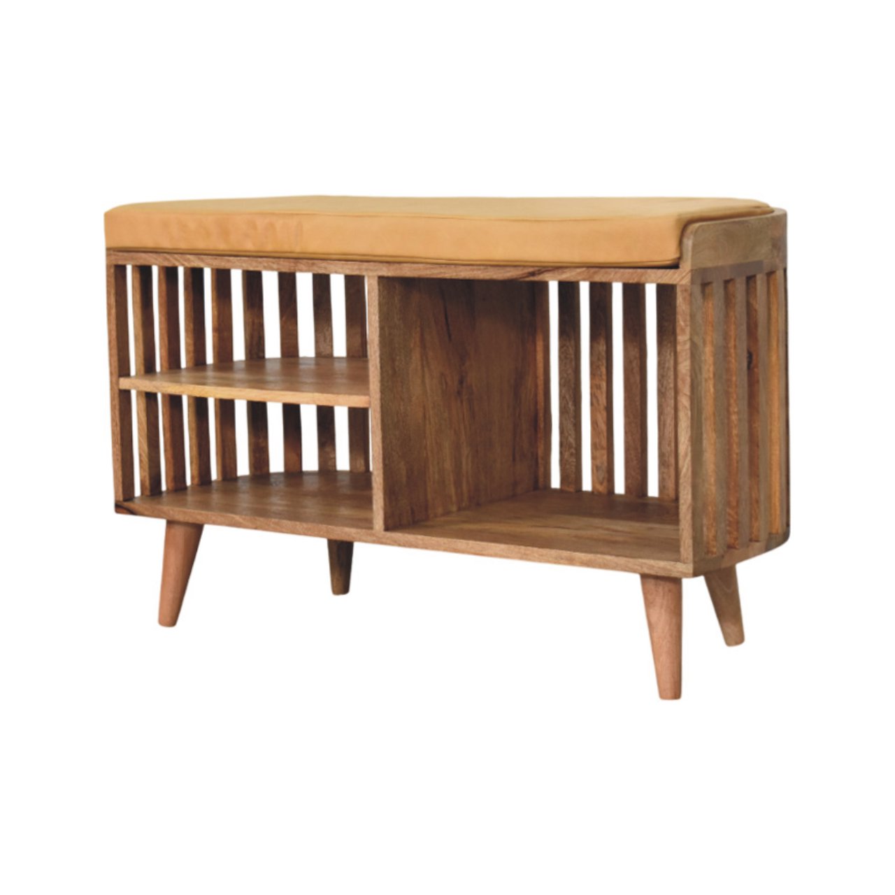 Solid Mango Wood Slatted Oak Finished Bench with 3 slots - Image 9