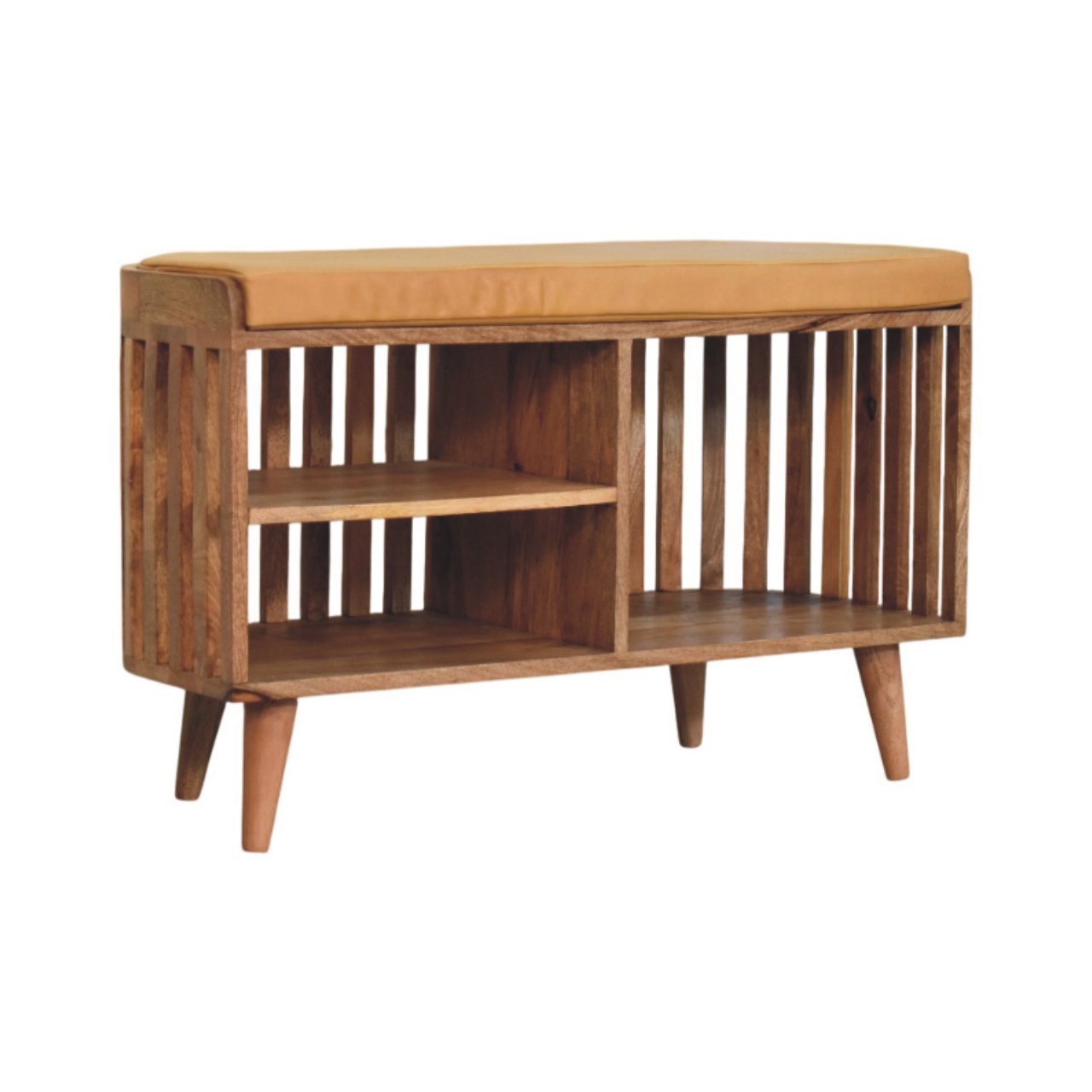 Solid Mango Wood Slatted Oak Finished Bench with 3 slots - Image 8