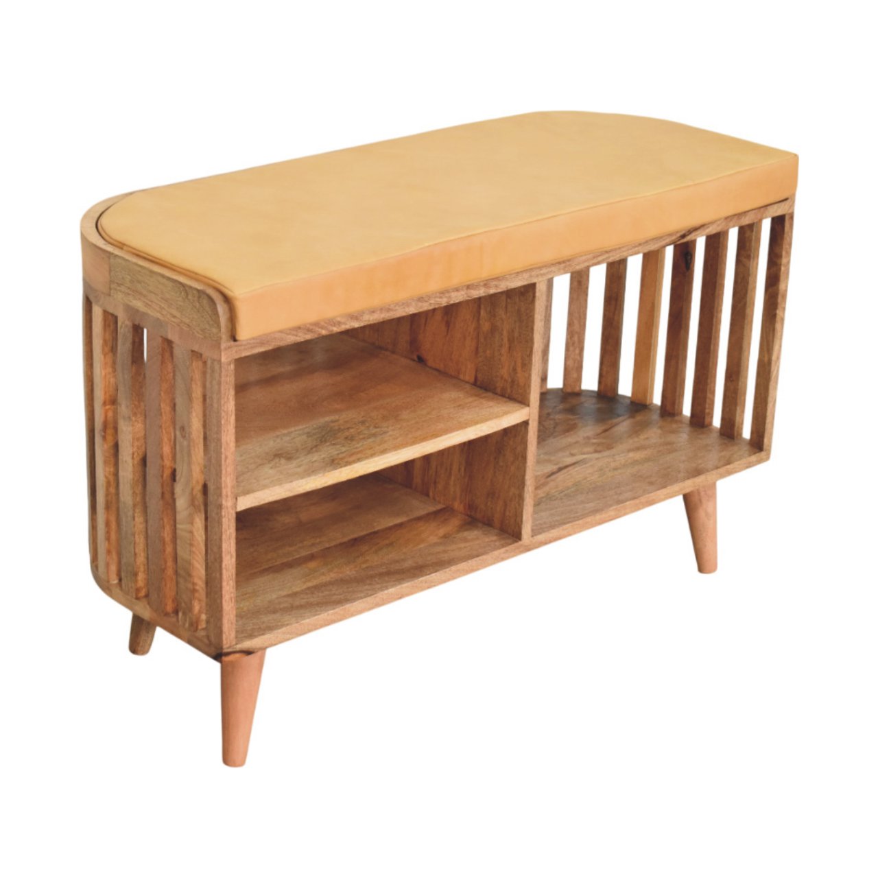 Solid Mango Wood Slatted Oak Finished Bench with 3 slots - Image 2