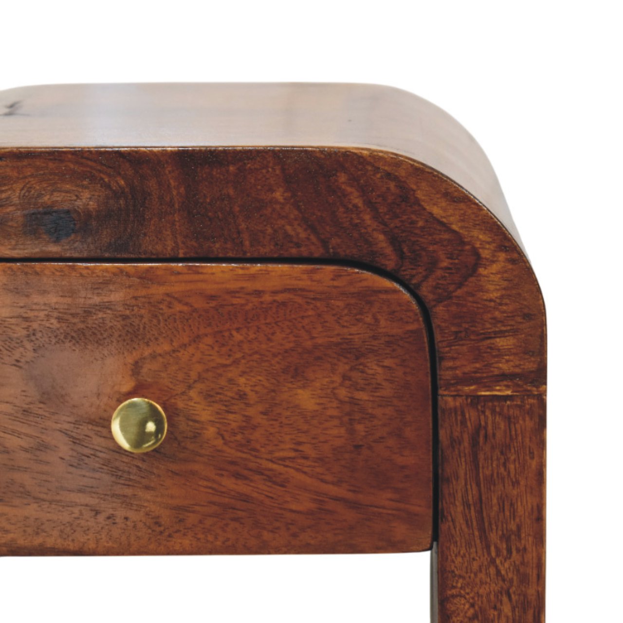 Solid Mango Wood Chestnut Finished 1 Drawer Mini Darcy Curved Nightstand - Image 3