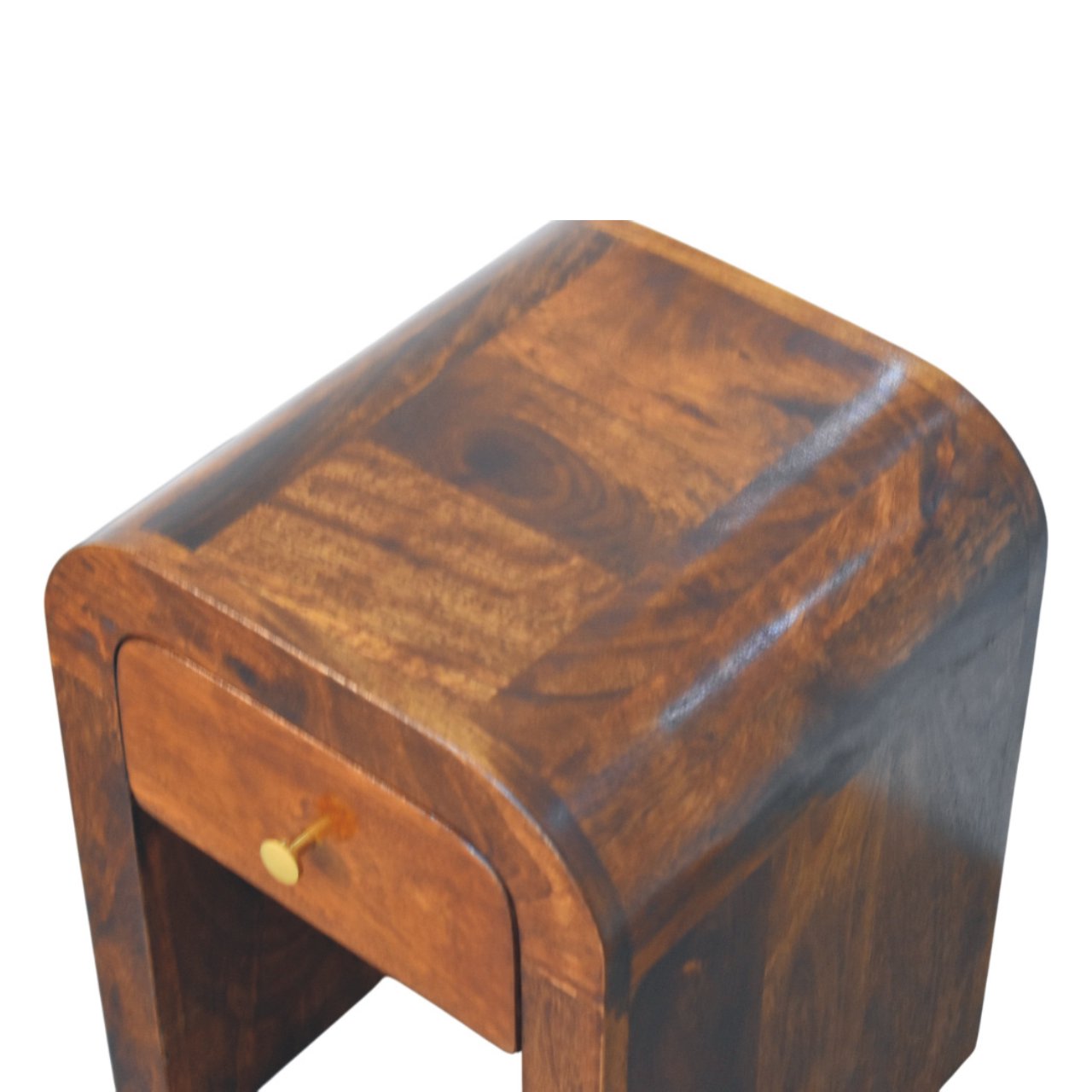 Solid Mango Wood Chestnut Finished 1 Drawer Mini Darcy Curved Nightstand - Image 4