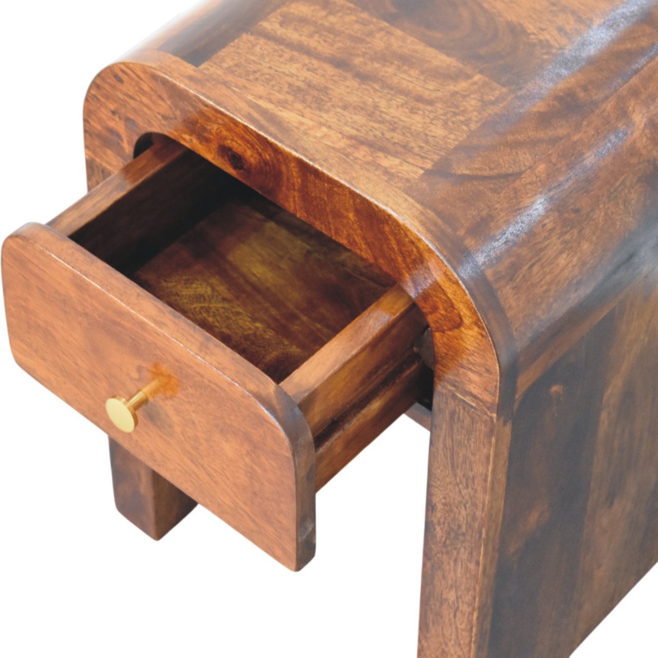 Solid Mango Wood Chestnut Finished 1 Drawer Mini Darcy Curved Nightstand - Image 5