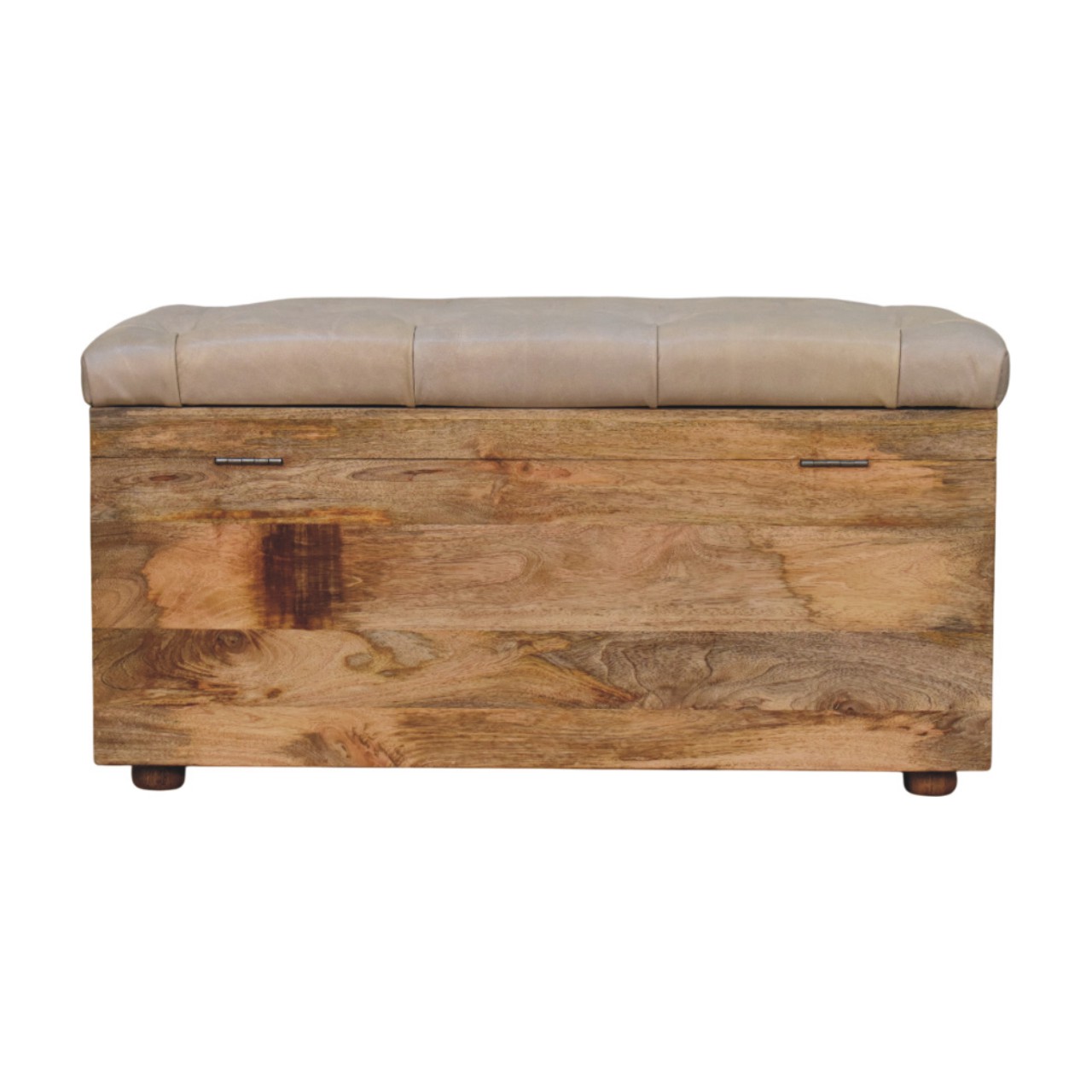 Solid Mango Wood Oak Finished Beige Leather Upholstered Storage Trunk - Image 9