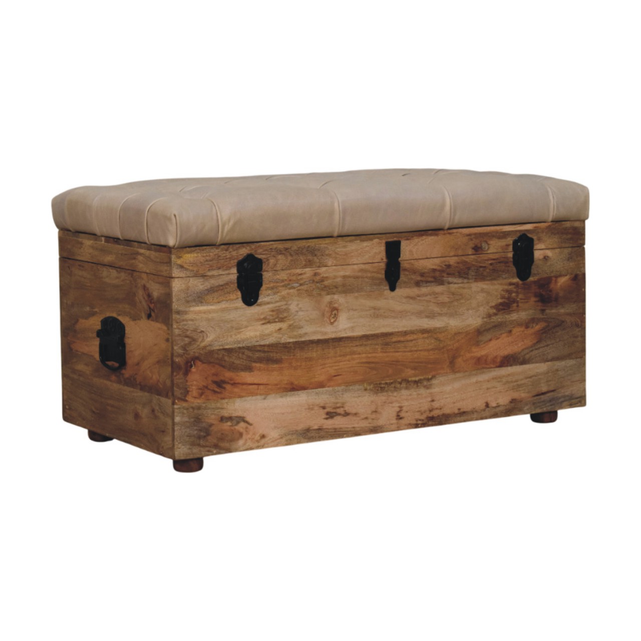 Solid Mango Wood Oak Finished Beige Leather Upholstered Storage Trunk