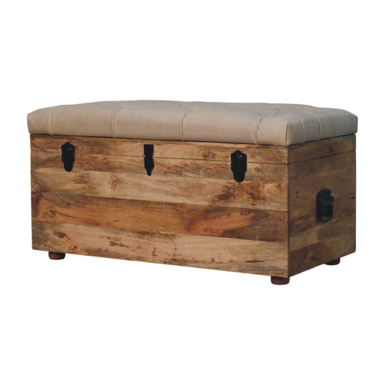 Solid Mango Wood Oak Finished Beige Leather Upholstered Storage Trunk - Image 2