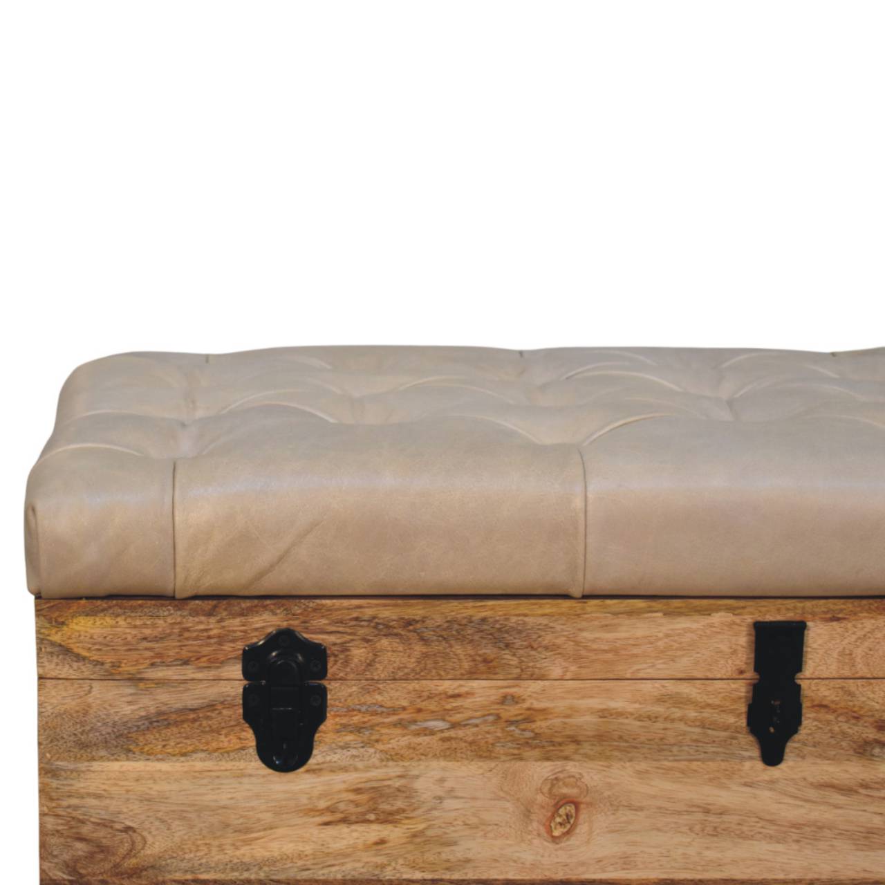 Solid Mango Wood Oak Finished Beige Leather Upholstered Storage Trunk - Image 3