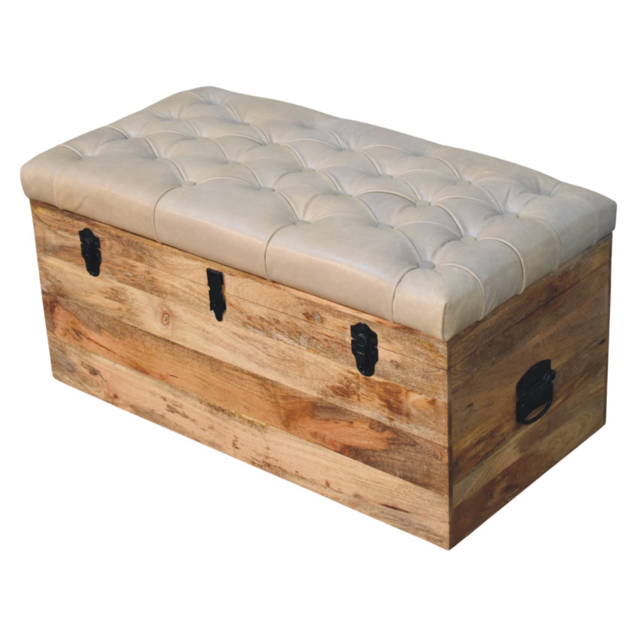 Solid Mango Wood Oak Finished Beige Leather Upholstered Storage Trunk - Image 4