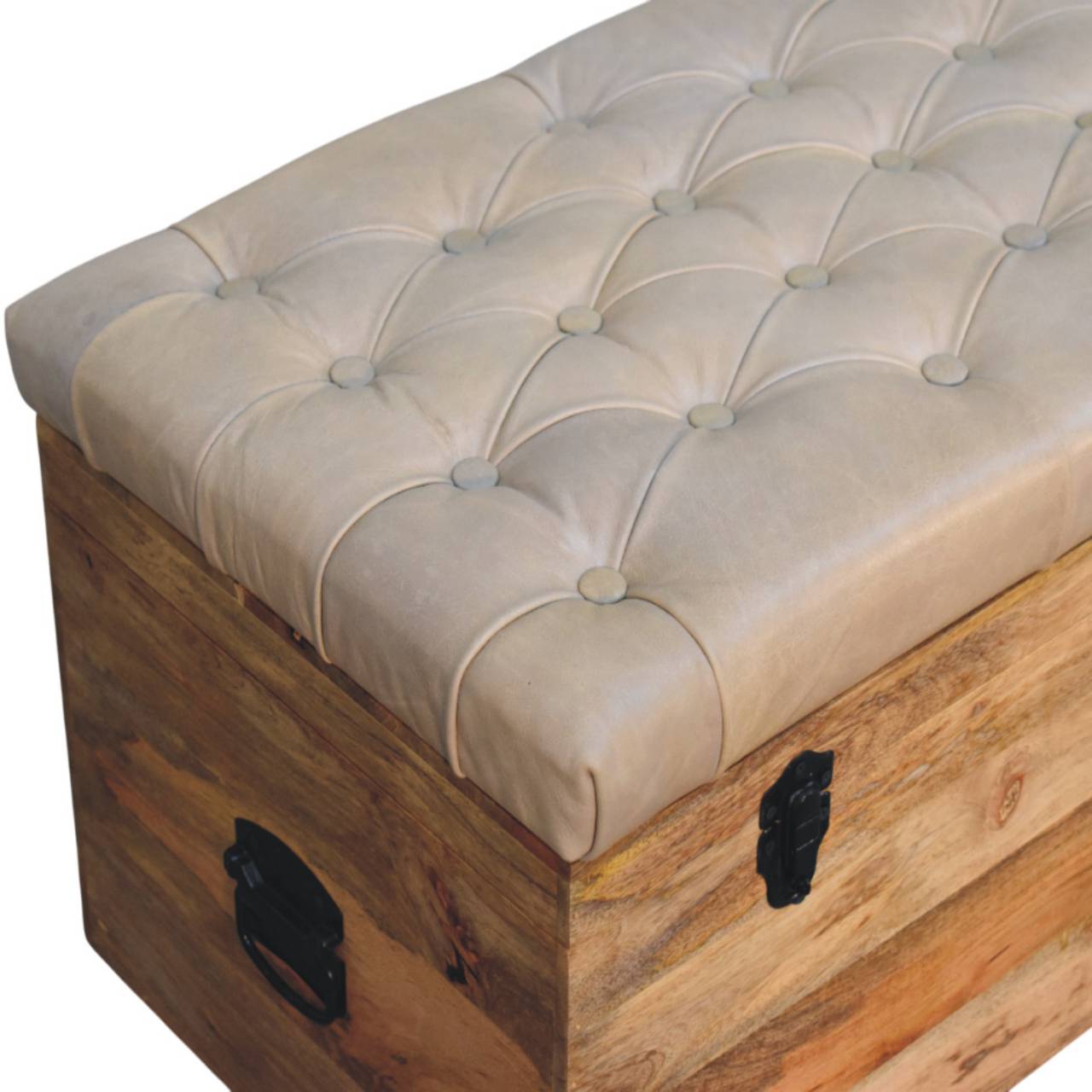 Solid Mango Wood Oak Finished Beige Leather Upholstered Storage Trunk - Image 5