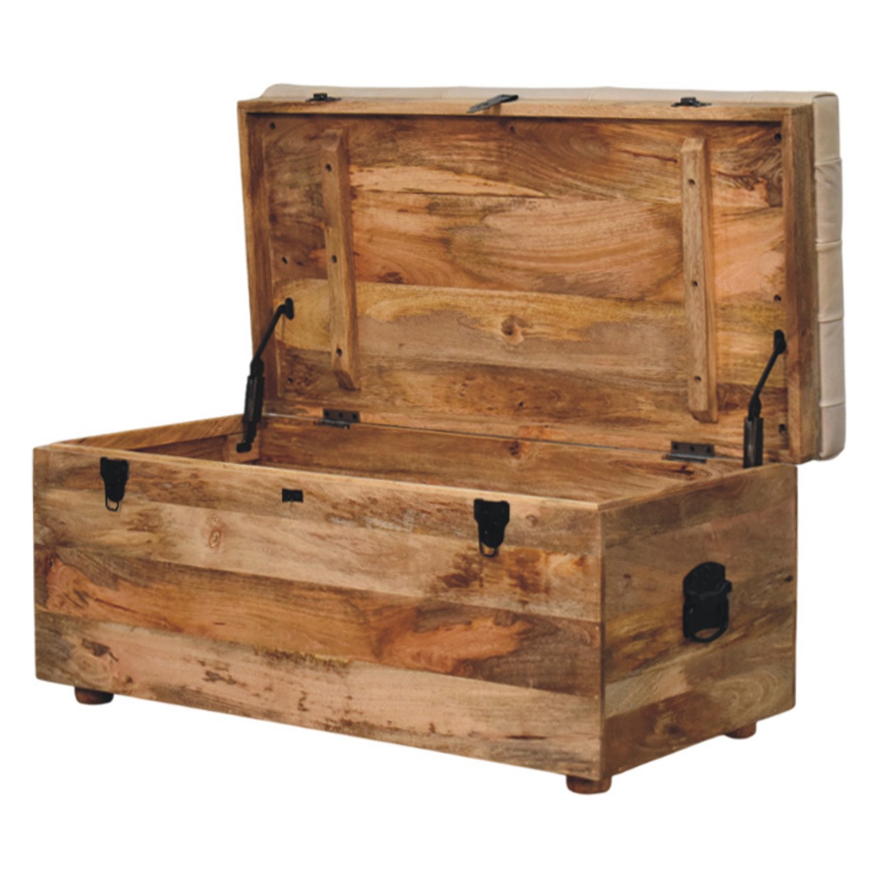 Solid Mango Wood Oak Finished Beige Leather Upholstered Storage Trunk - Image 7