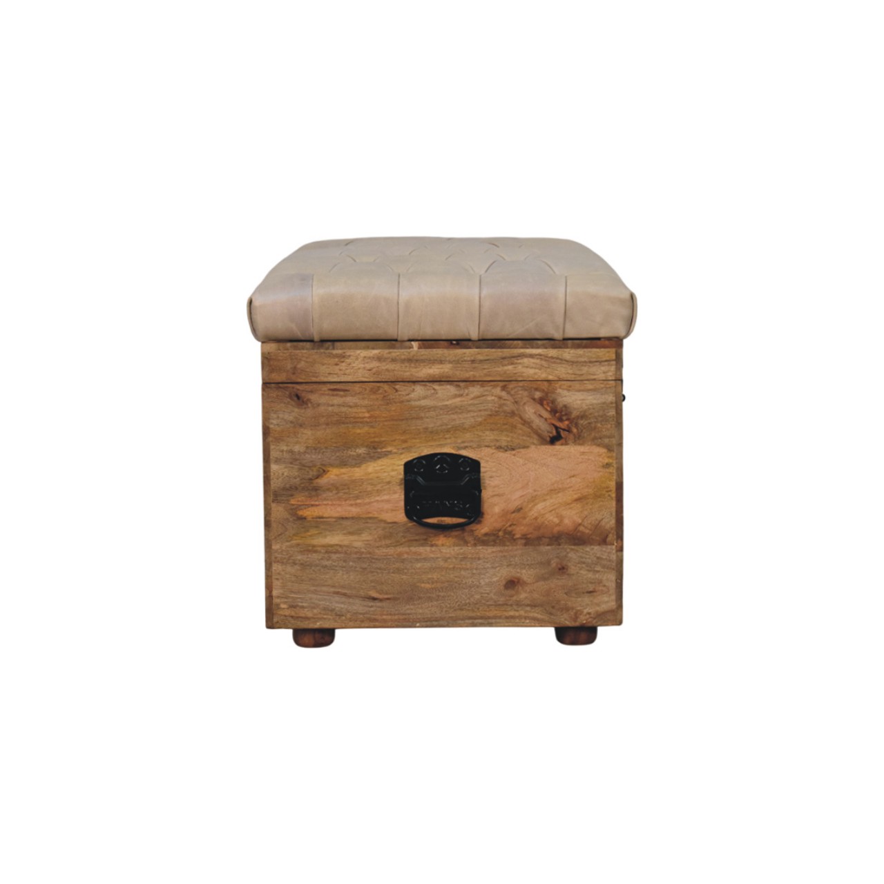 Solid Mango Wood Oak Finished Beige Leather Upholstered Storage Trunk - Image 8