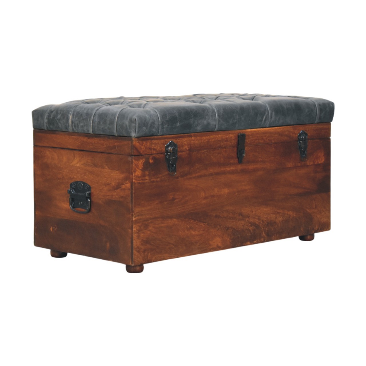 Solid Mango Wood California Walnut Black Upholstered Leather Storage Trunk
