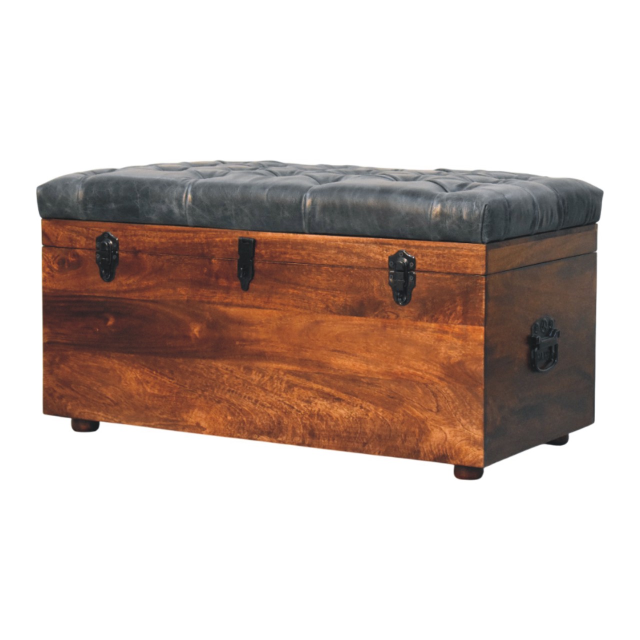 Solid Mango Wood California Walnut Black Upholstered Leather Storage Trunk - Image 2