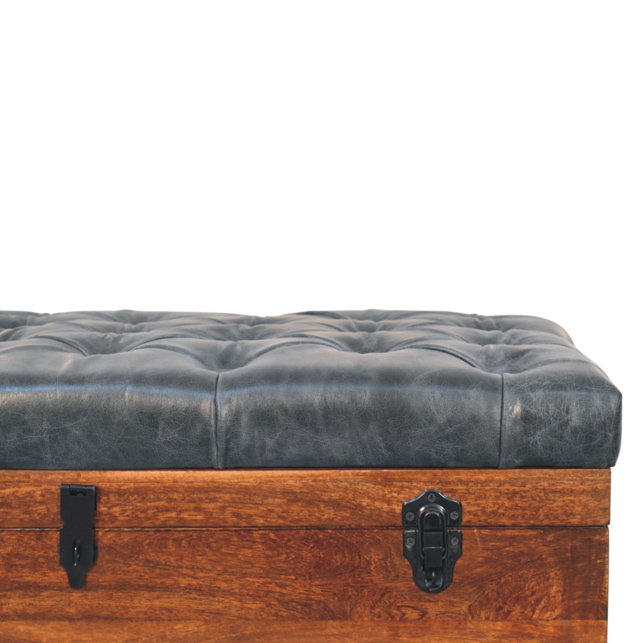 Solid Mango Wood California Walnut Black Upholstered Leather Storage Trunk - Image 3