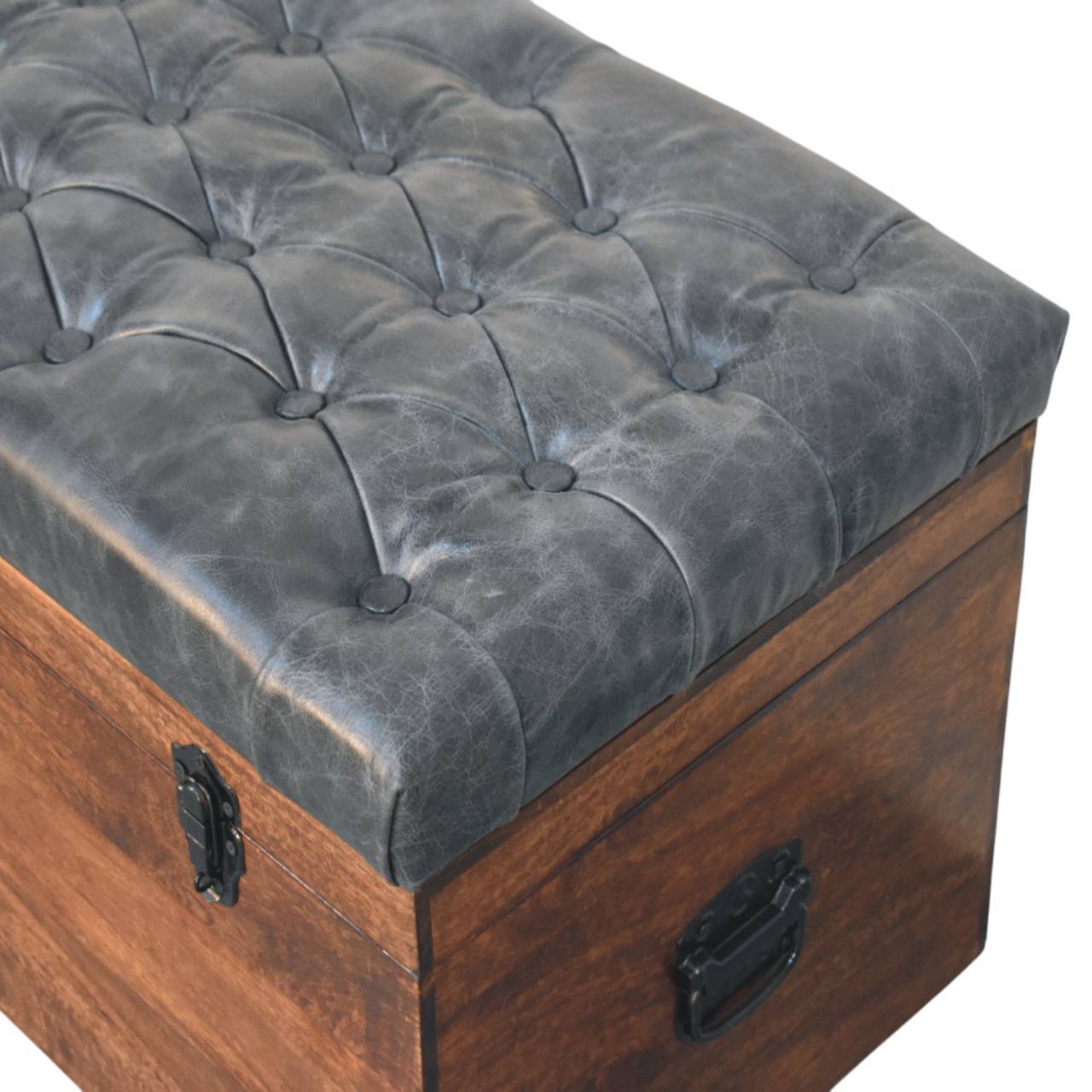 Solid Mango Wood California Walnut Black Upholstered Leather Storage Trunk - Image 4