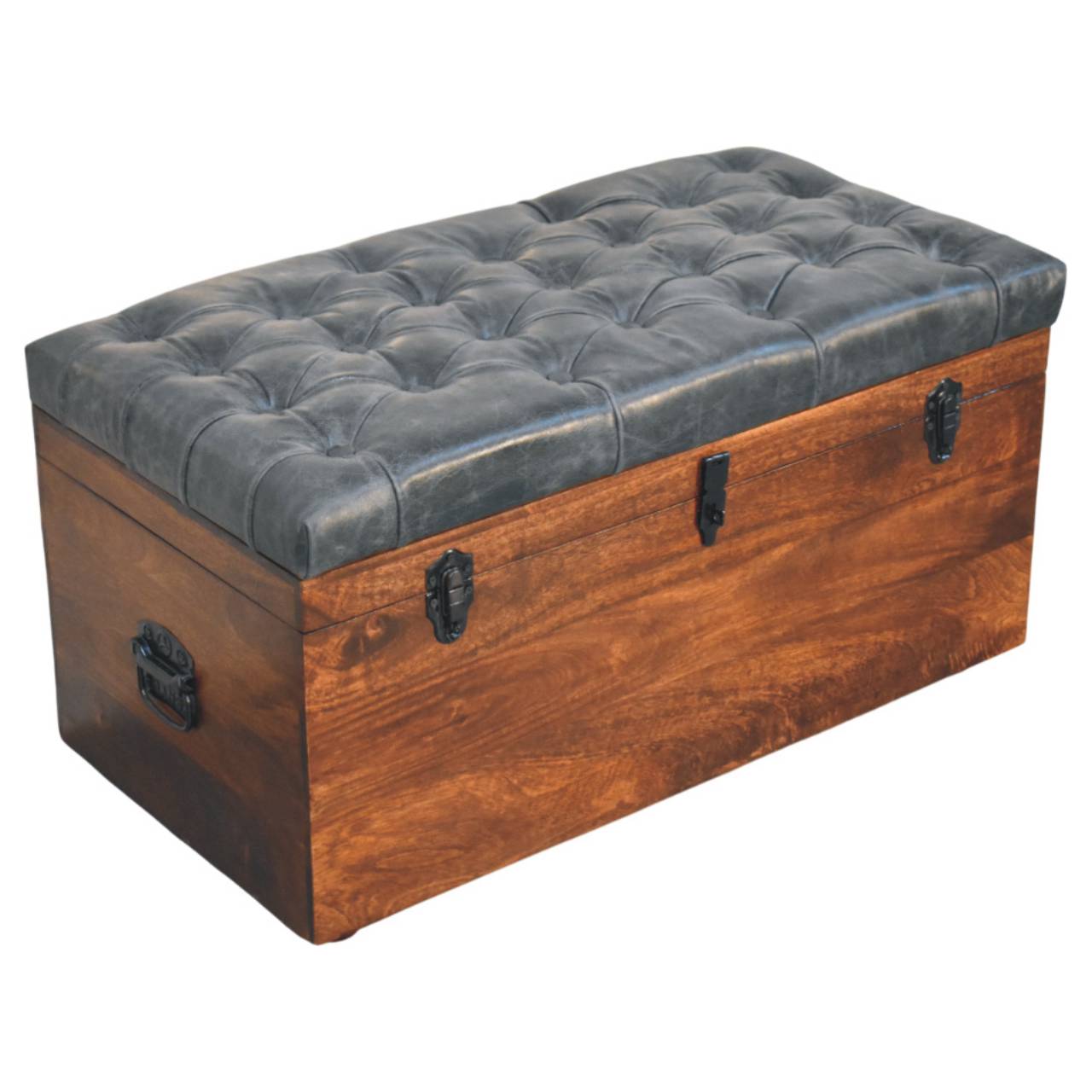 Solid Mango Wood California Walnut Black Upholstered Leather Storage Trunk - Image 5