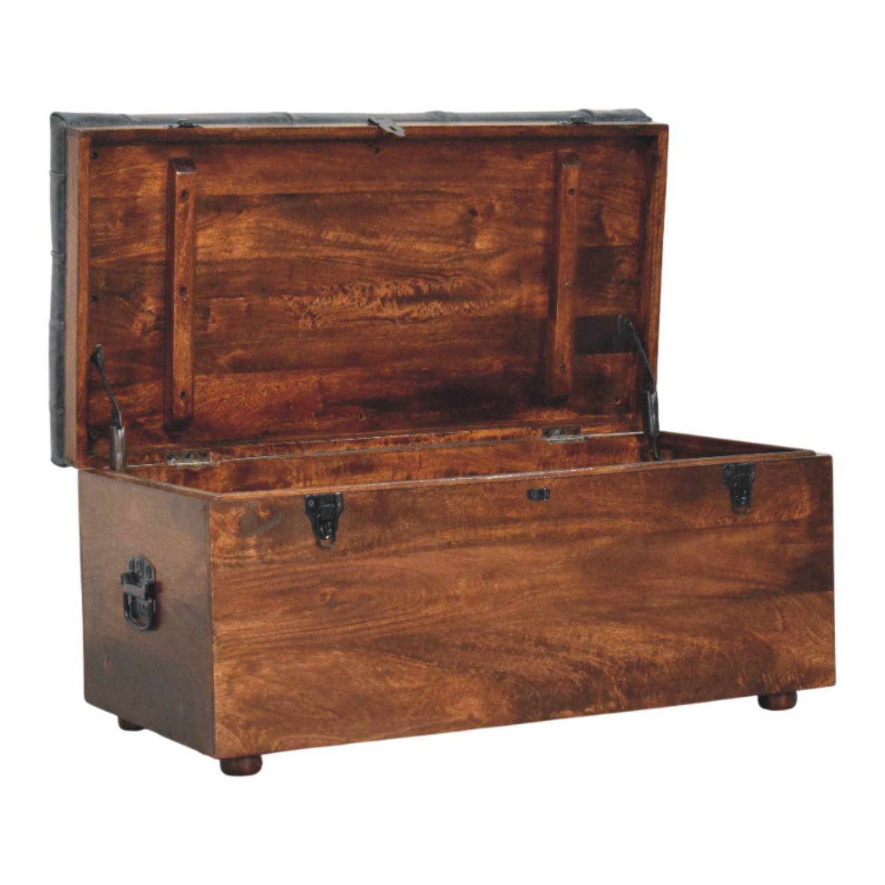 Solid Mango Wood California Walnut Black Upholstered Leather Storage Trunk - Image 6