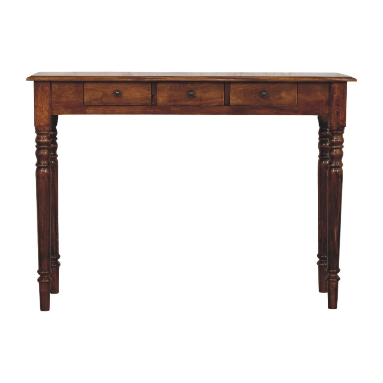 Solid Mango Wood Chestnut Finished 3 Drawer Turned Legs Console