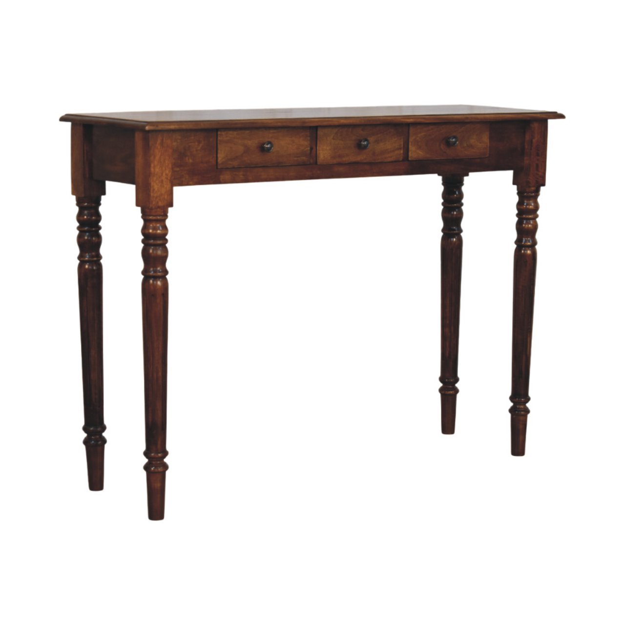 Solid Mango Wood Chestnut Finished 3 Drawer Turned Legs Console - Image 2