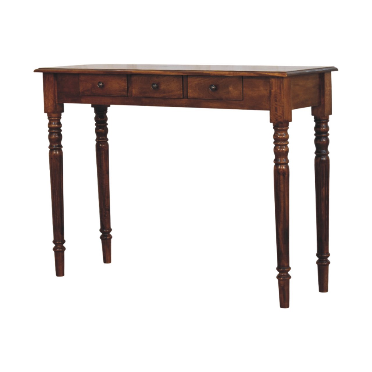 Solid Mango Wood Chestnut Finished 3 Drawer Turned Legs Console - Image 3