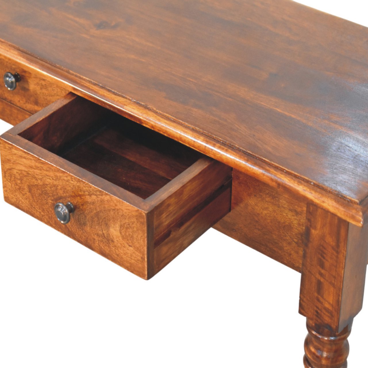 Solid Mango Wood Chestnut Finished 3 Drawer Turned Legs Console - Image 6