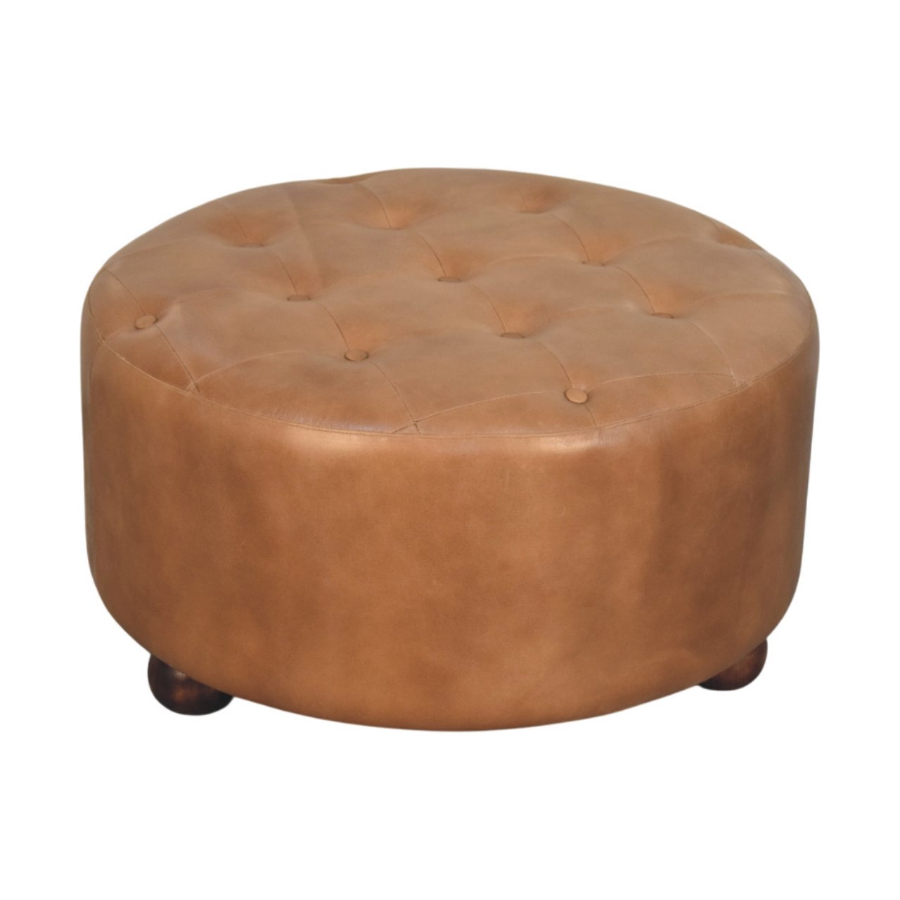 Solid Mango Wood Brown Buffalo Hide Leather Round Ottoman - Image 2