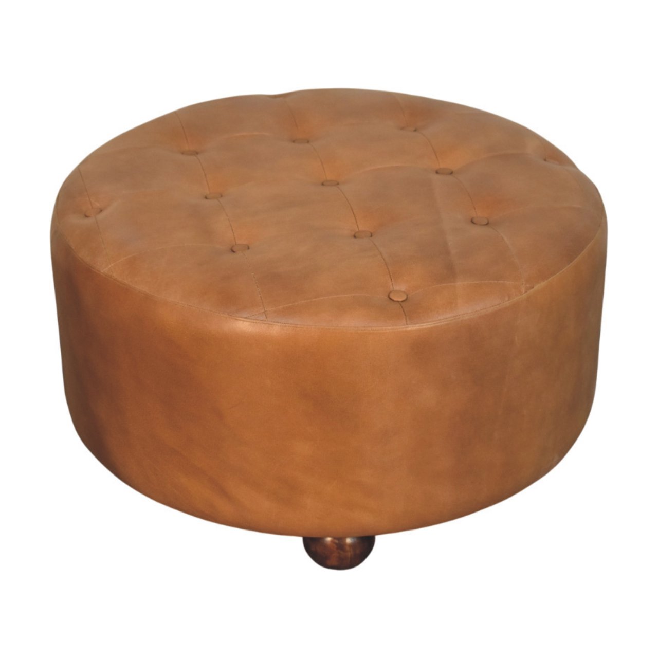 Solid Mango Wood Brown Buffalo Hide Leather Round Ottoman - Image 3