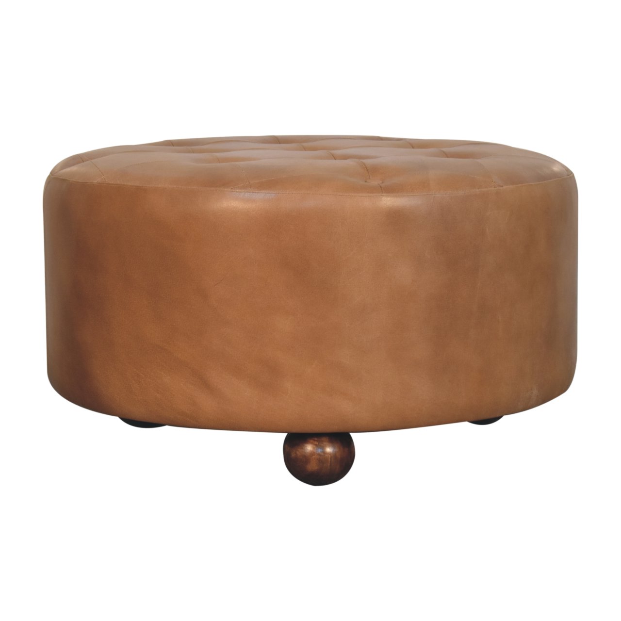 Solid Mango Wood Brown Buffalo Hide Leather Round Ottoman - Image 8