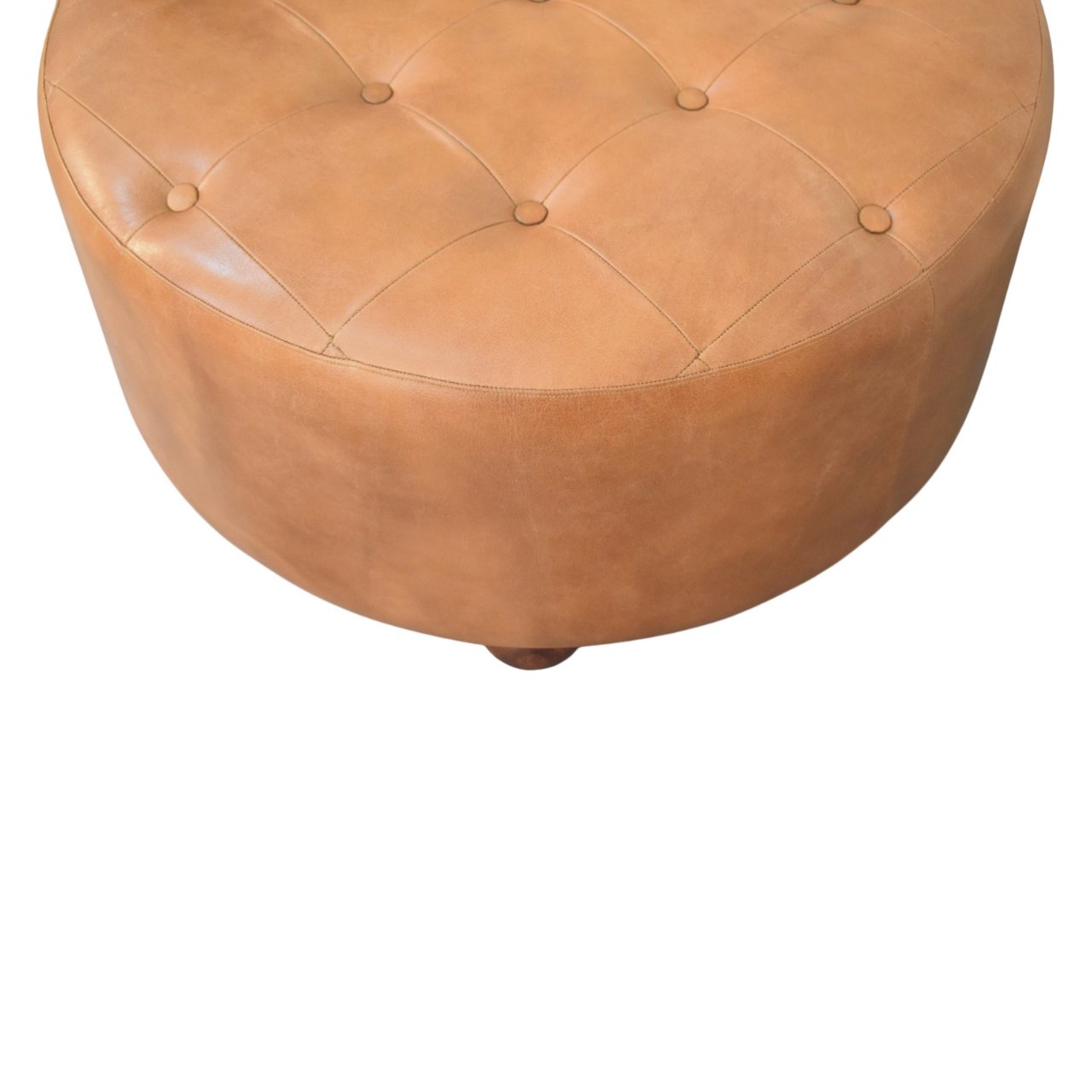 Solid Mango Wood Brown Buffalo Hide Leather Round Ottoman - Image 4