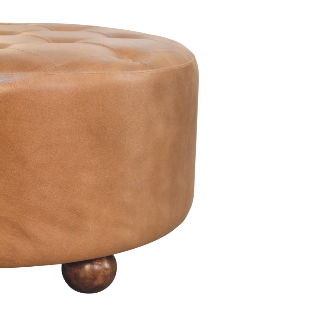 Solid Mango Wood Brown Buffalo Hide Leather Round Ottoman - Image 5