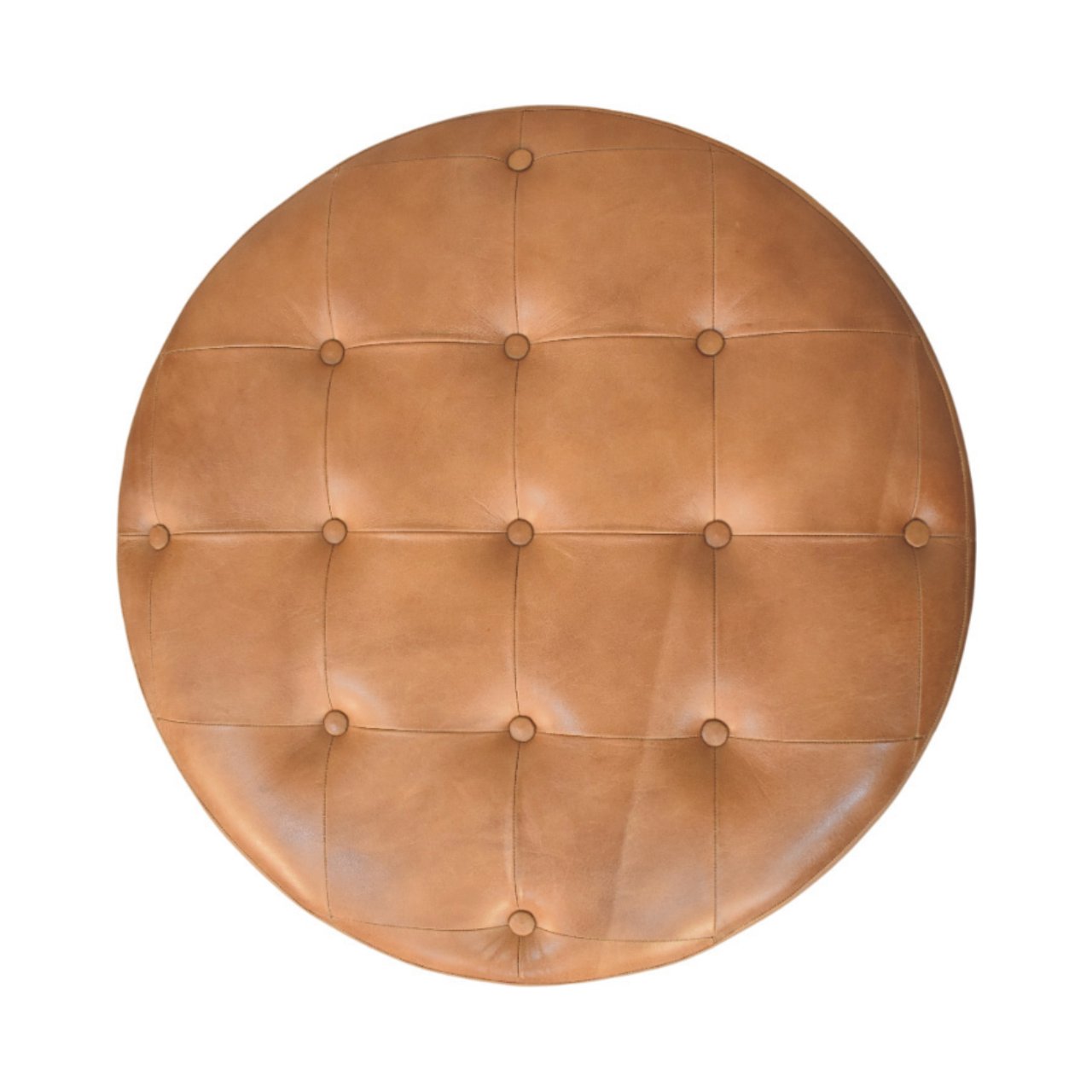 Solid Mango Wood Brown Buffalo Hide Leather Round Ottoman - Image 6