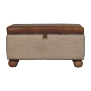 Solid Mango Wood Boucle & Upholstered Leather Storage Ottoman