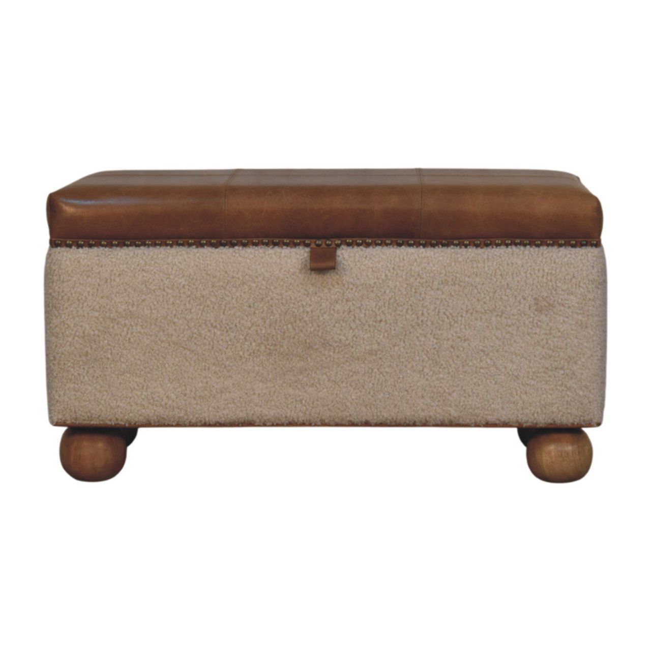 Solid Mango Wood Boucle & Upholstered Leather Storage Ottoman