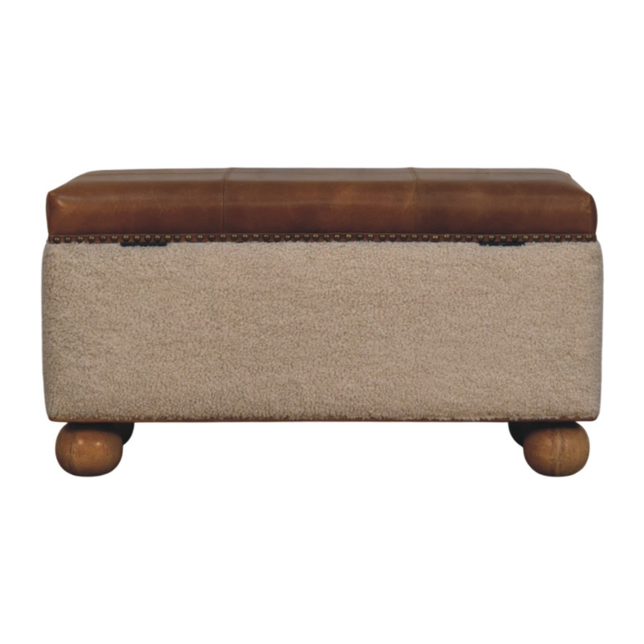 Solid Mango Wood Boucle & Upholstered Leather Storage Ottoman - Image 10