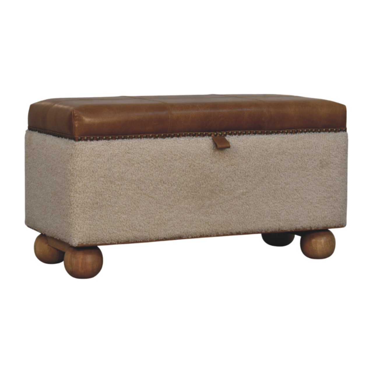 Solid Mango Wood Boucle & Upholstered Leather Storage Ottoman - Image 2