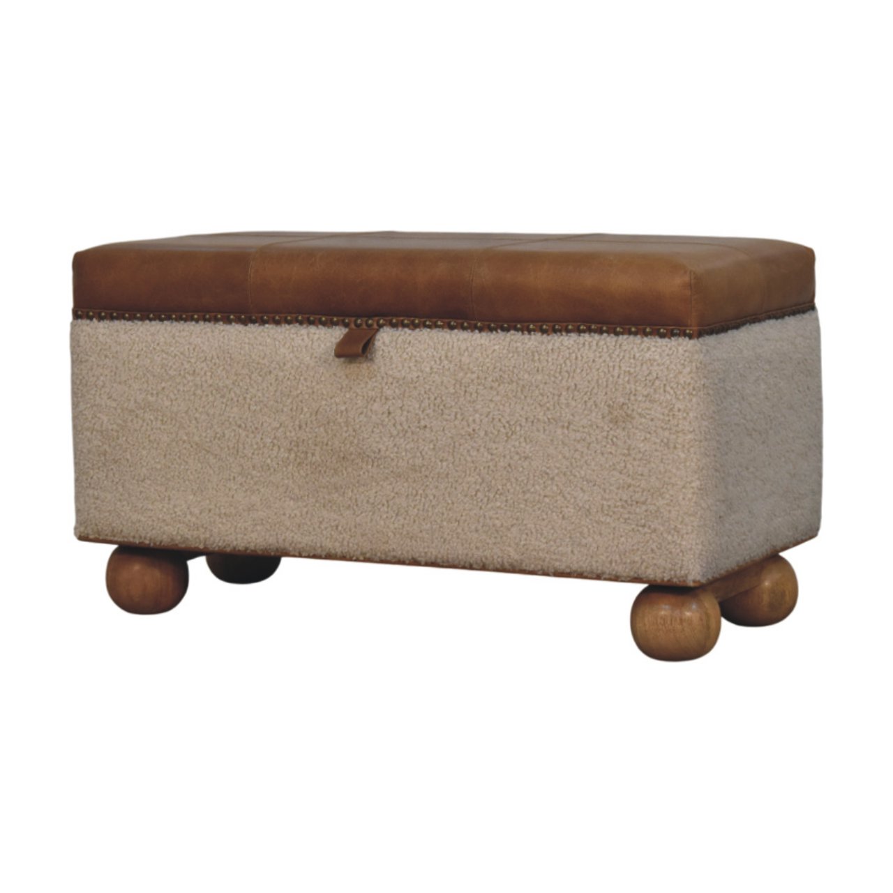 Solid Mango Wood Boucle & Upholstered Leather Storage Ottoman - Image 3