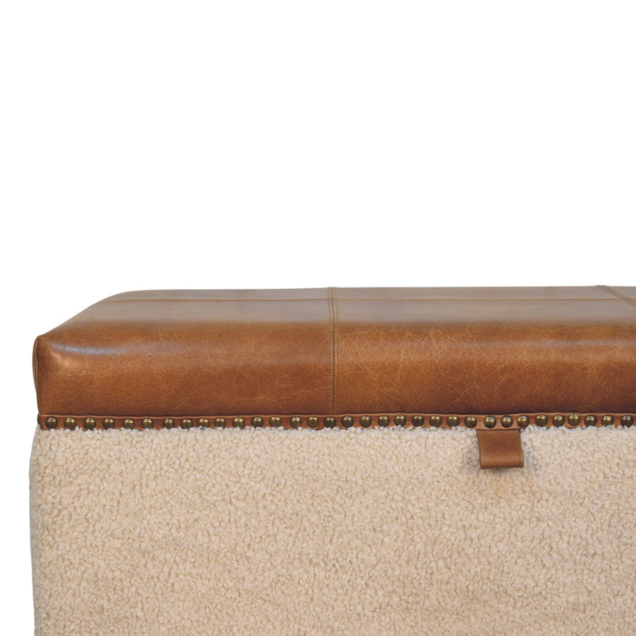 Solid Mango Wood Boucle & Upholstered Leather Storage Ottoman - Image 4