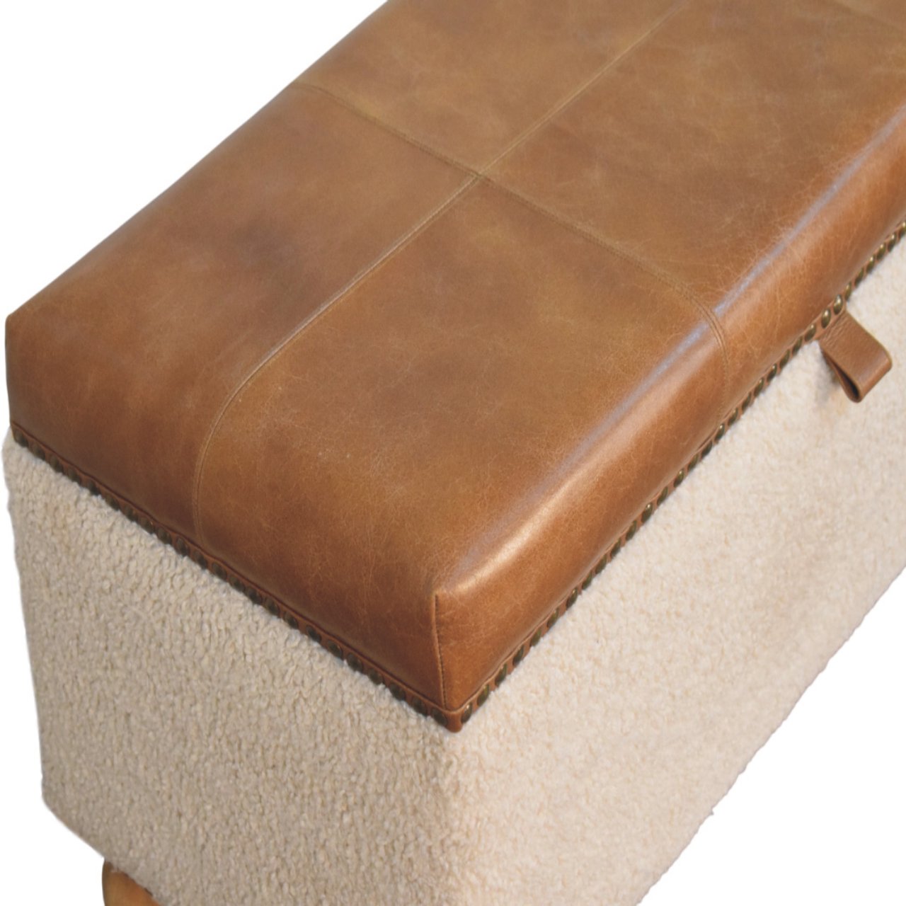 Solid Mango Wood Boucle & Upholstered Leather Storage Ottoman - Image 5