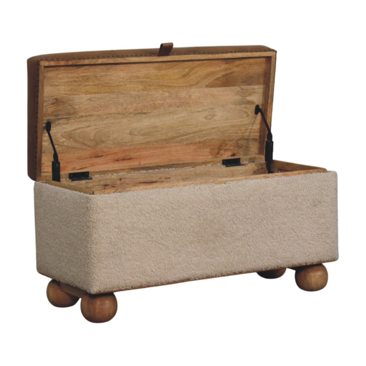 Solid Mango Wood Boucle & Upholstered Leather Storage Ottoman - Image 6
