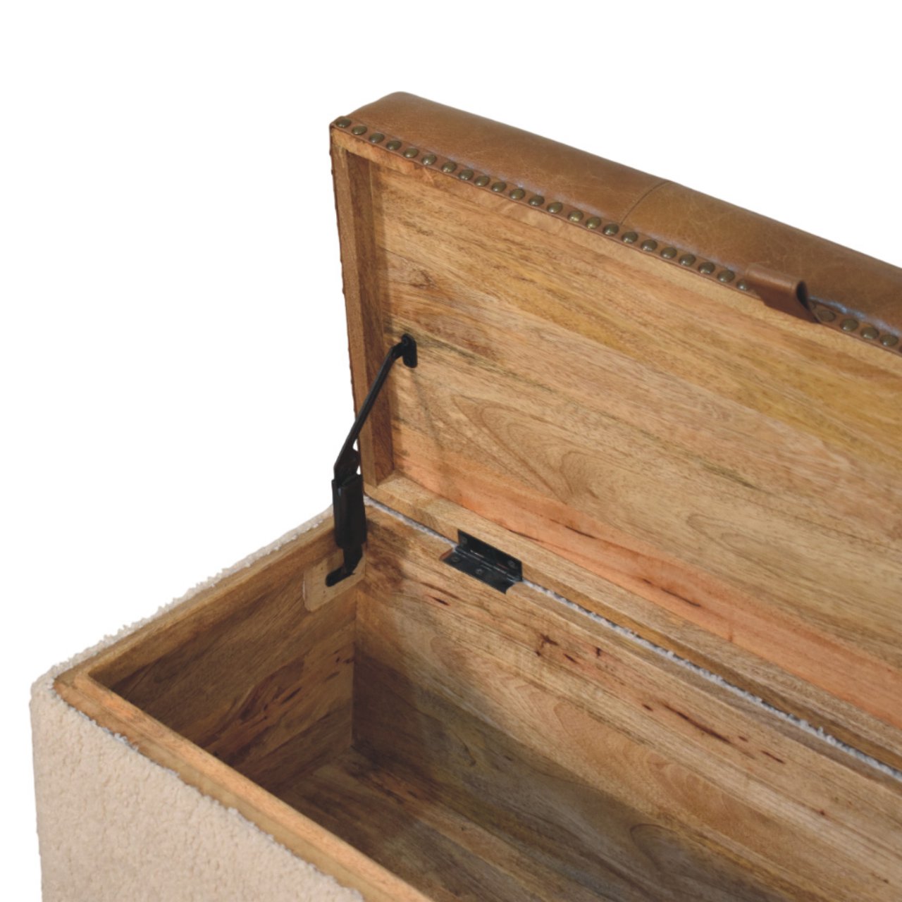 Solid Mango Wood Boucle & Upholstered Leather Storage Ottoman - Image 7