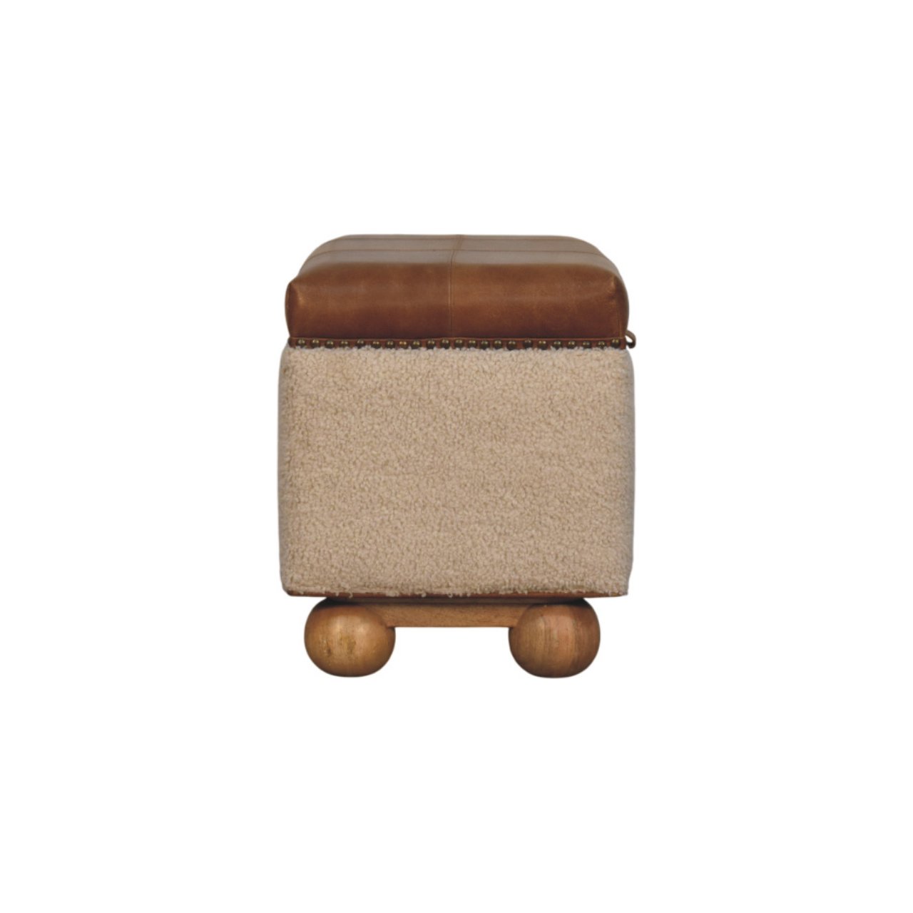 Solid Mango Wood Boucle & Upholstered Leather Storage Ottoman - Image 9