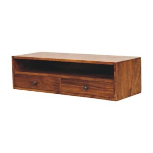 Solid Mango Wood Chestnut Finished 2 Drawer Lunar Wall Mounted Media Unit