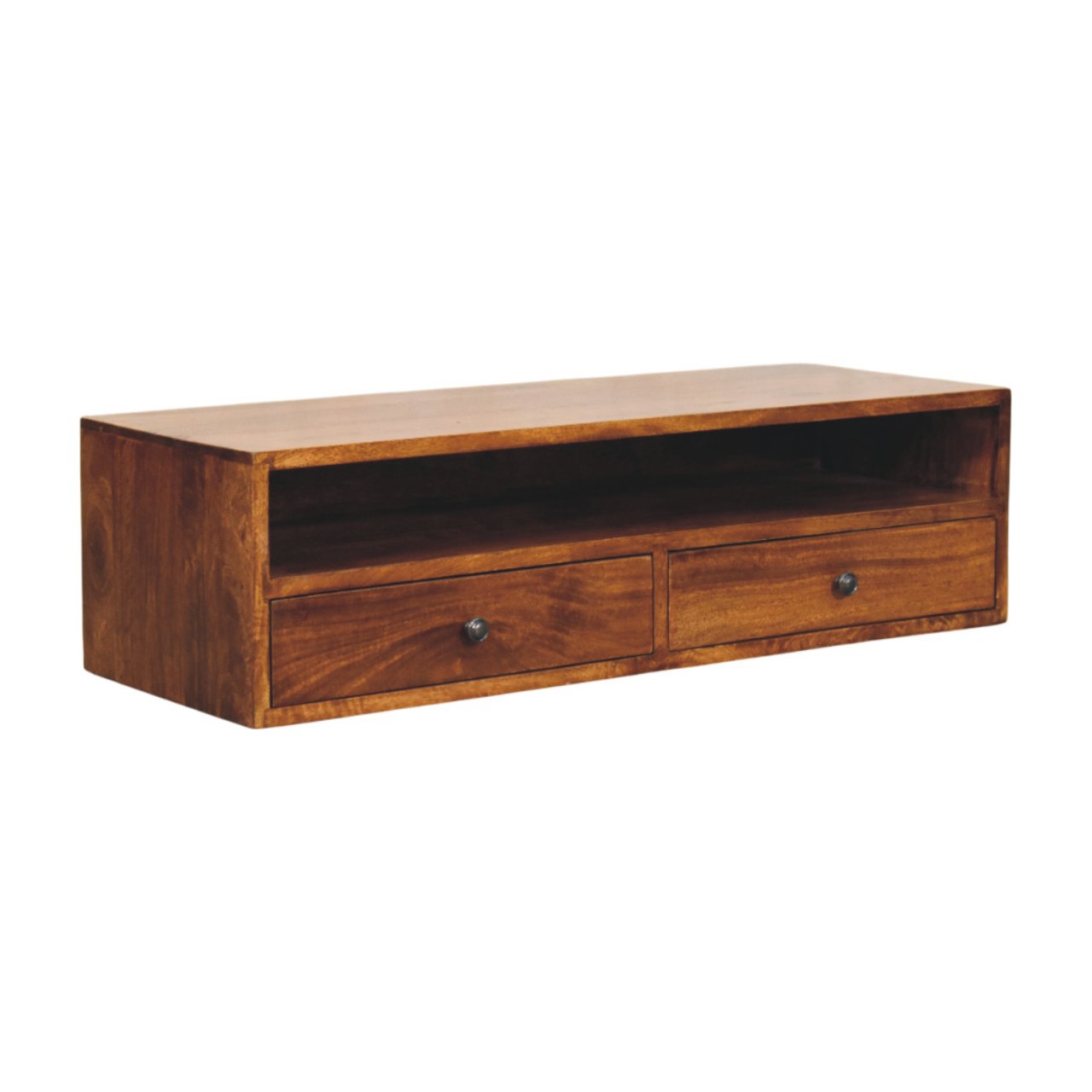 Solid Mango Wood Chestnut Finished 2 Drawer Lunar Wall Mounted Media Unit - Image 2