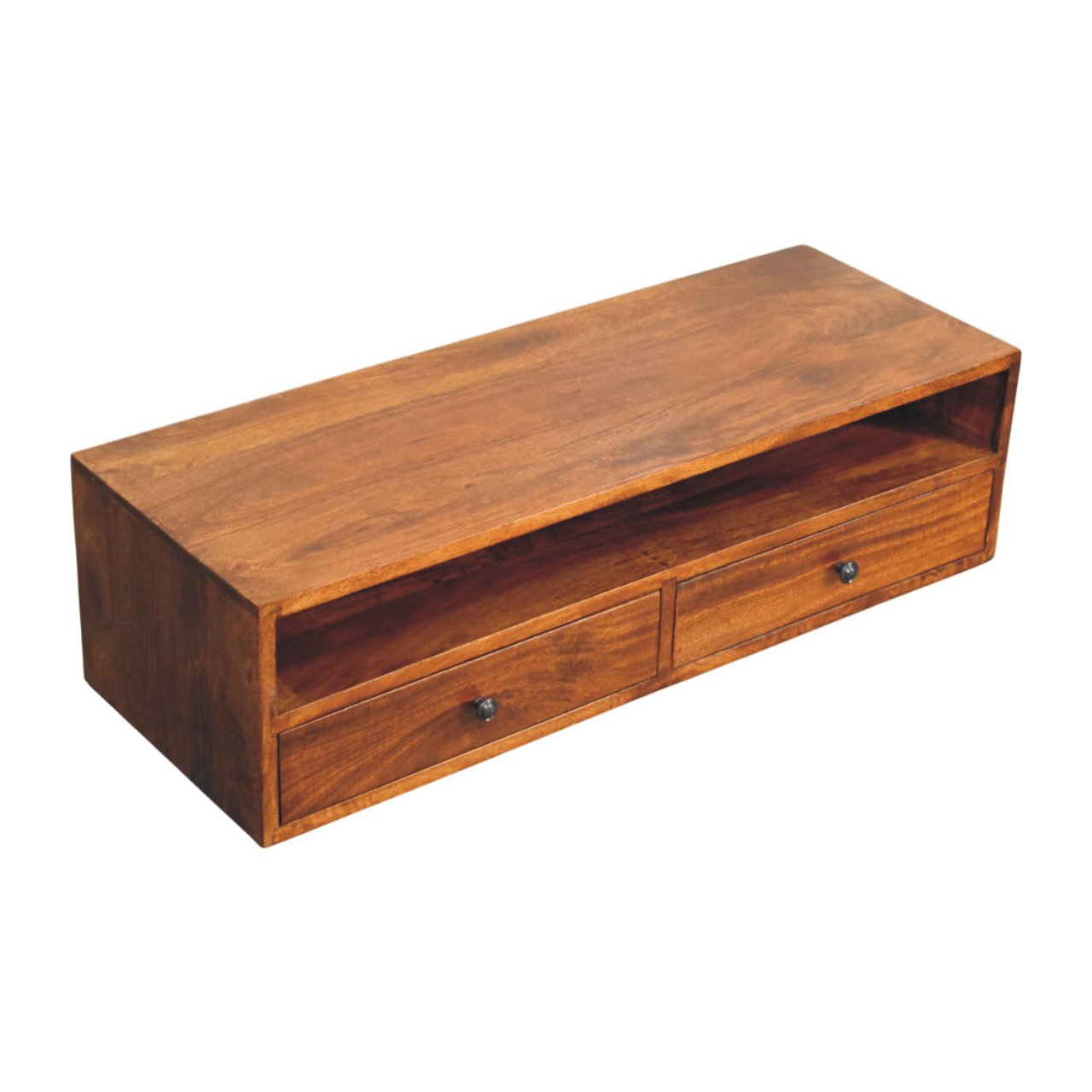 Solid Mango Wood Chestnut Finished 2 Drawer Lunar Wall Mounted Media Unit - Image 4