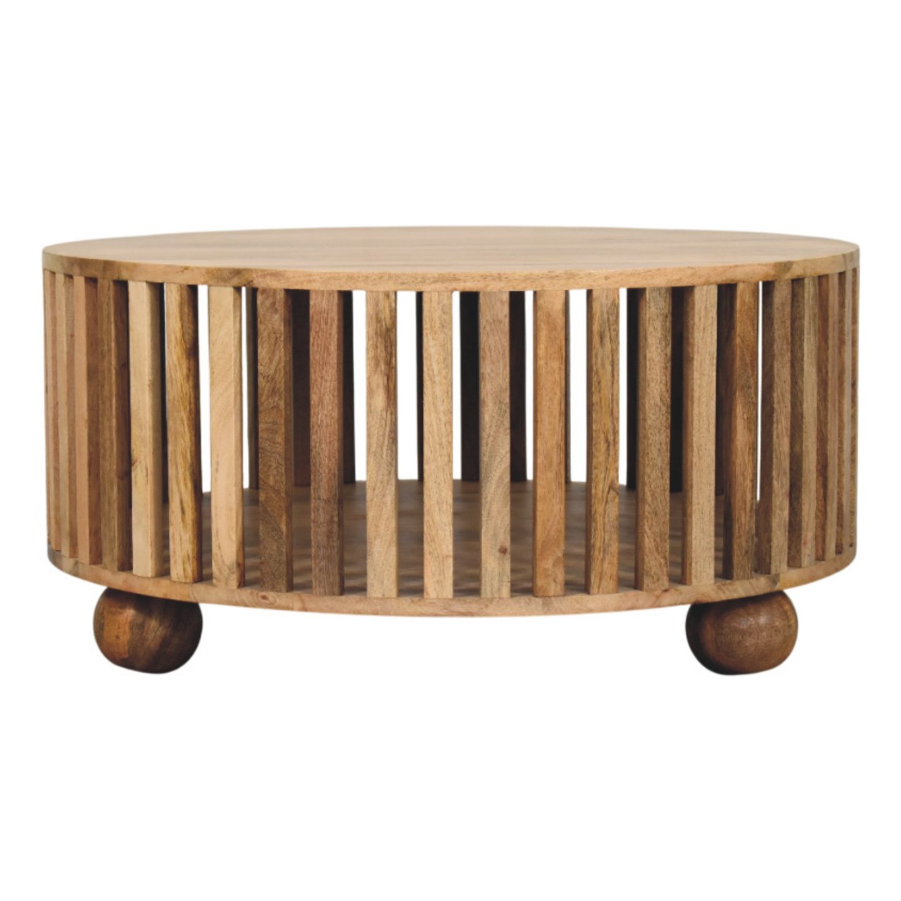 Solid Mango Wood Oak Finished Slatted Round Coffee Table - Image 2